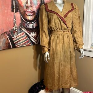 Impromptu vintage long sleeved polka dot red brown tan dress collared vtg 1950s